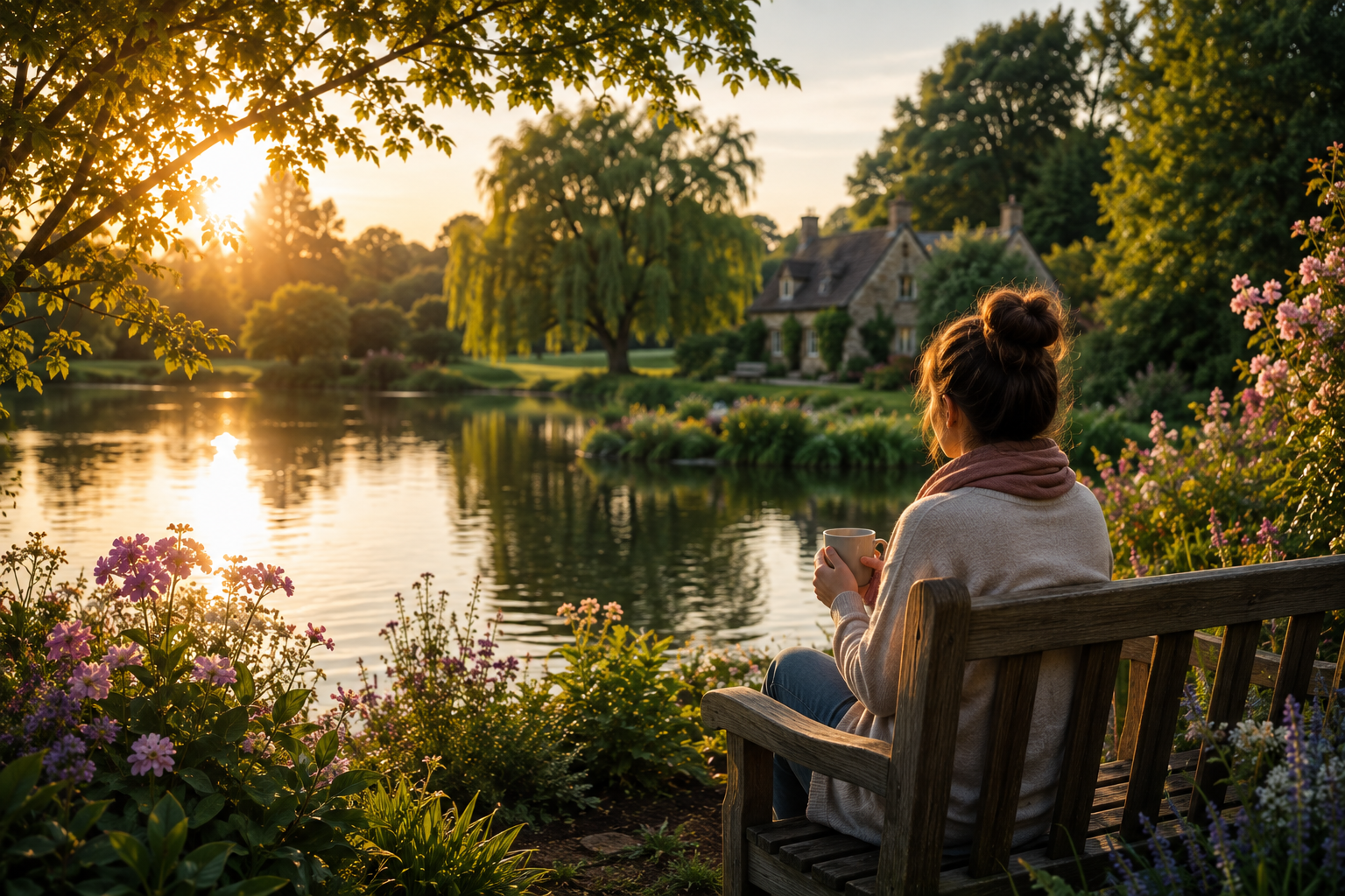 A peaceful English garden with a person sitting quietly beside a lake at sunrise, surrounded by trees and flowers.