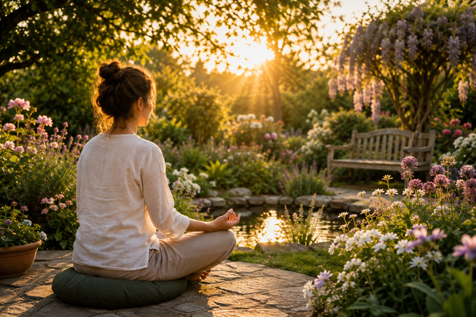 A person meditating peacefully in a tranquil English garden at sunrise, surrounded by soft light and blooming flowers, symbolising loving-kindness and compassion.