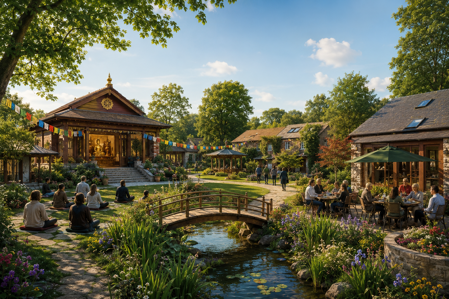 A peaceful Buddhist retreat village with a temple, gardens, meditation centre, café and people gathering in harmony, symbolising a long-term vision of compassion.